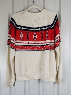 Vintage Montgomery Ward Knit White Sweater with Red & Navy Fair Isle Yoke Sz XL